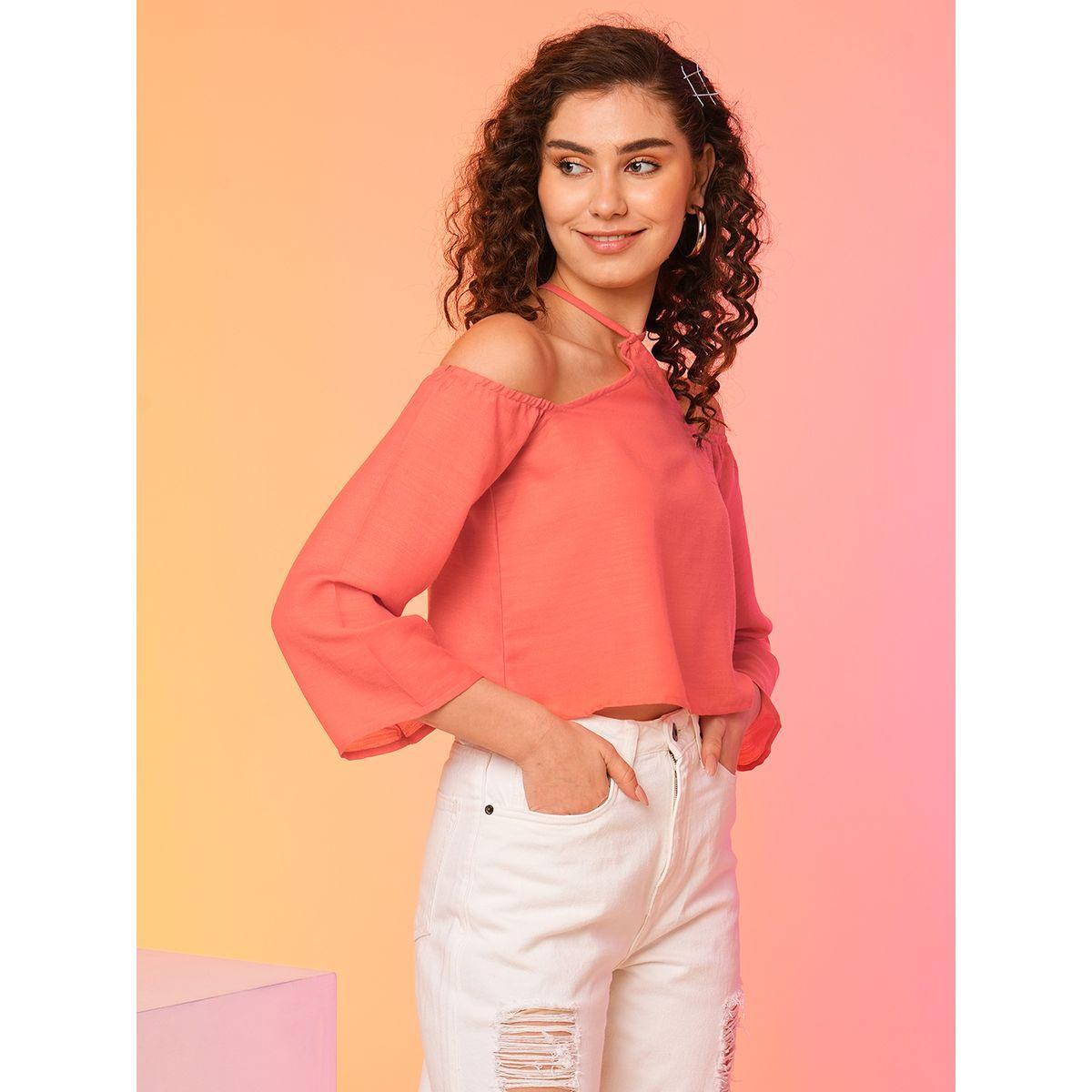 Globus Women Solid Cold-Shoulder Sleeves Top with Halter Neck-women-clothing-shirtsandblouses-blouses-image-2