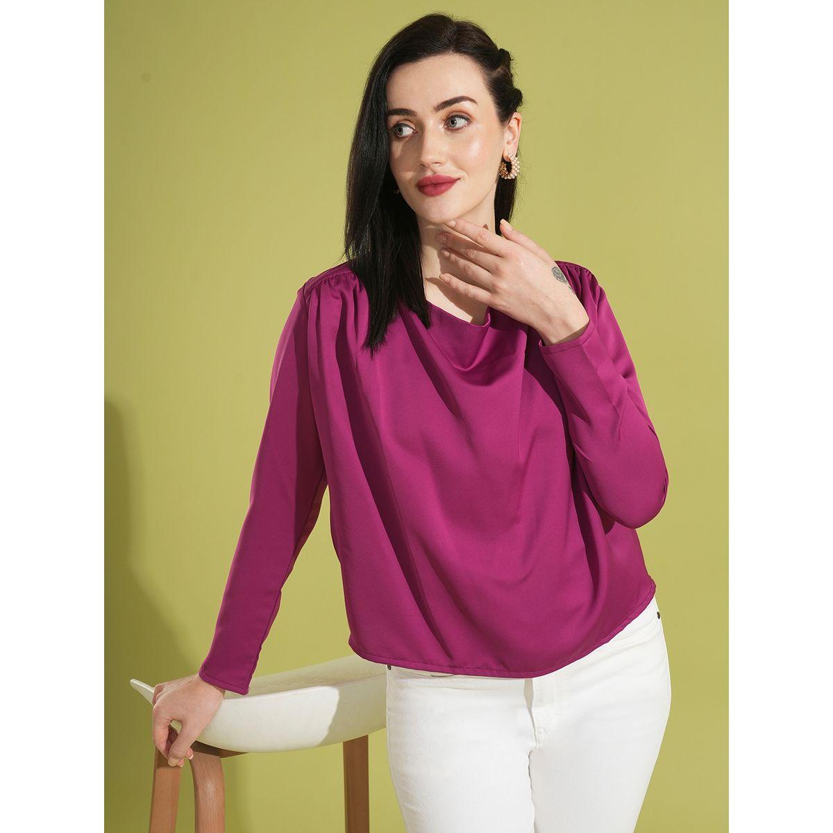 بلوزة سادة بياقة منسدلة وتفاصيل مُجمعة-women-clothing-shirtsandblouses-blouses-image-1