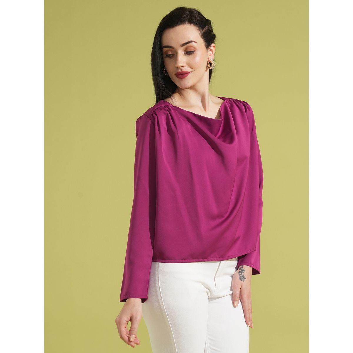 بلوزة سادة بياقة منسدلة وتفاصيل مُجمعة-women-clothing-shirtsandblouses-blouses-image-2