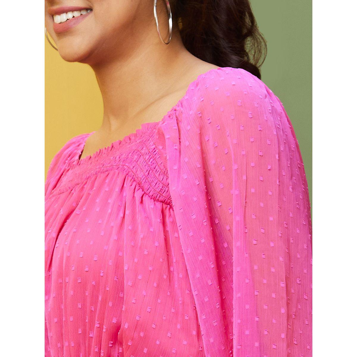 Globus Women Pink Dobby Smocked Peplum Top with Square Neck-women-clothing-shirtsandblouses-blouses-image-4