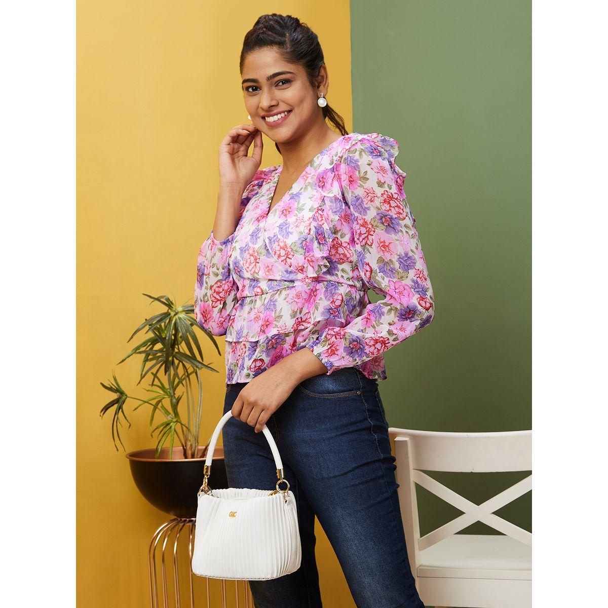 Globus Floral Printed V-Neck Puff Sleeve Ruffled Top-women-clothing-shirtsandblouses-blouses-image-1