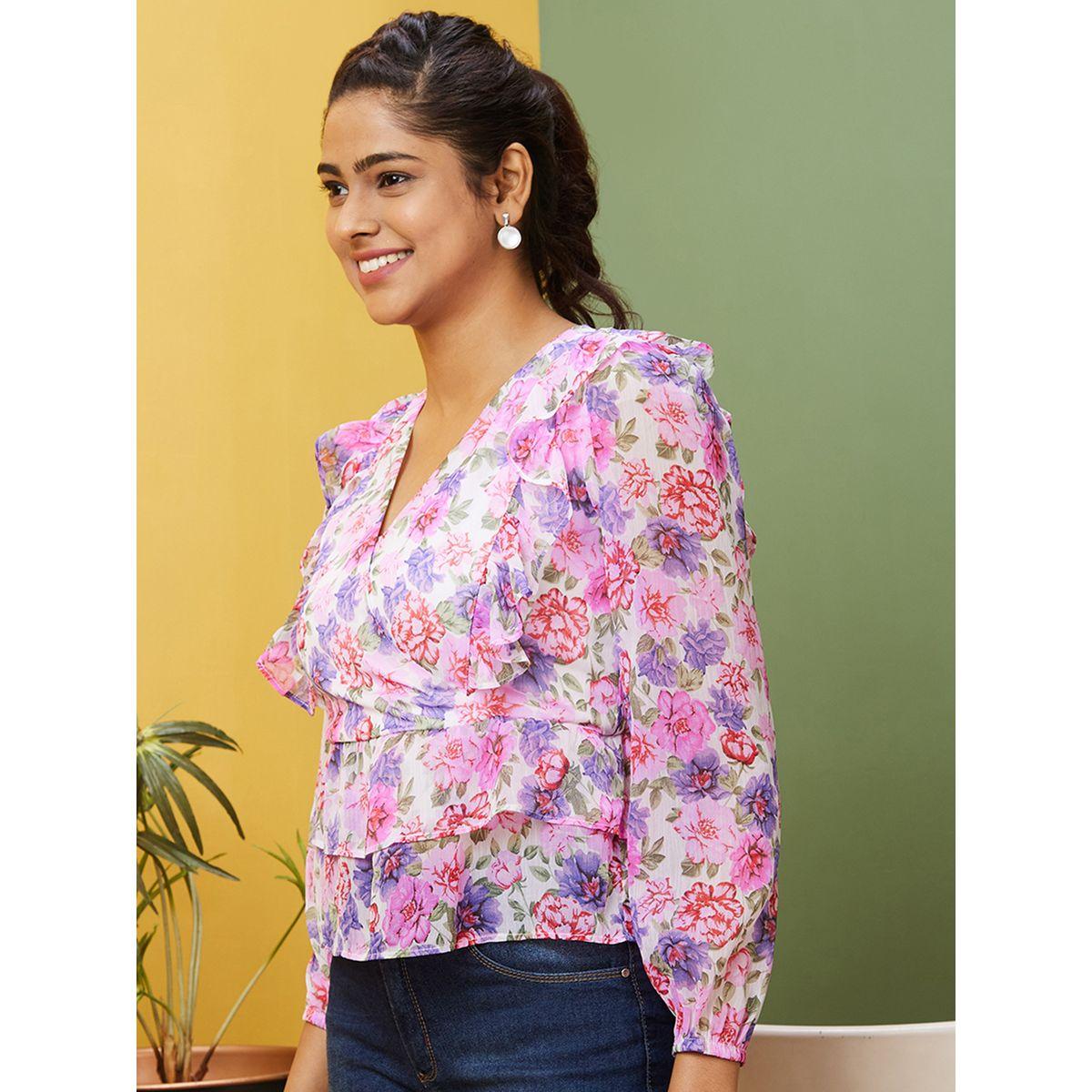 Globus Floral Printed V-Neck Puff Sleeve Ruffled Top-women-clothing-shirtsandblouses-blouses-image-2