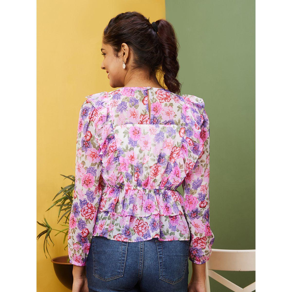 Globus Floral Printed V-Neck Puff Sleeve Ruffled Top-women-clothing-shirtsandblouses-blouses-image-3