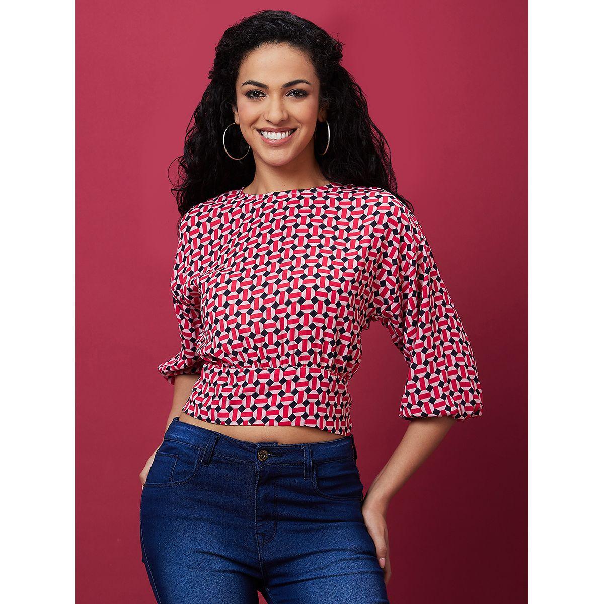 Globus Printed Back Bow Tie Up Crop Top-women-clothing-tshirts-image-2