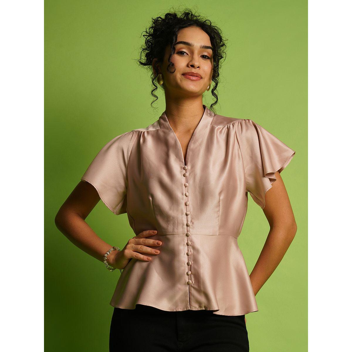 Globus Solid Satin V-Neck Flutter Sleeve Peplum Top-women-clothing-shirtsandblouses-blouses-image-1