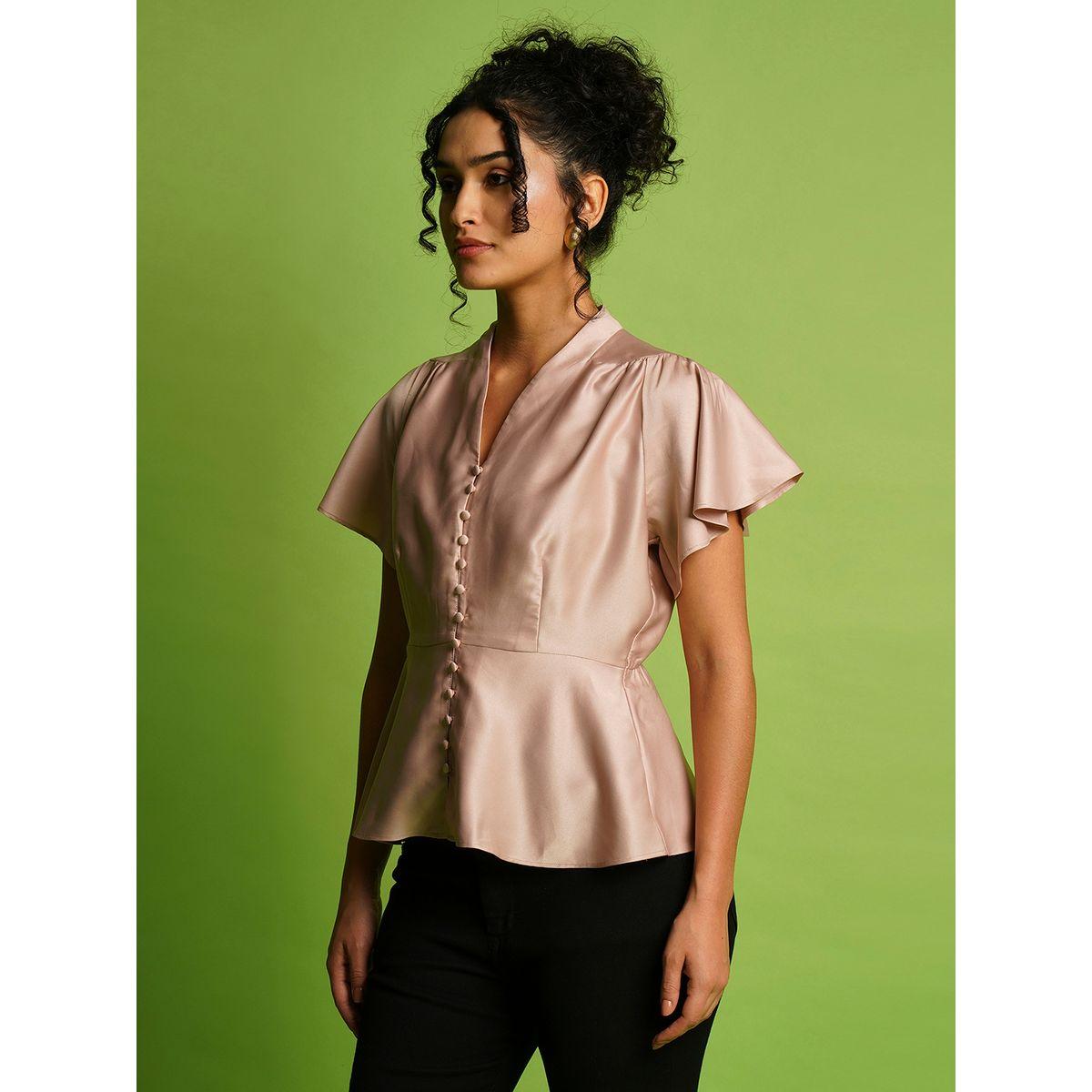 Globus Solid Satin V-Neck Flutter Sleeve Peplum Top-women-clothing-shirtsandblouses-blouses-image-2