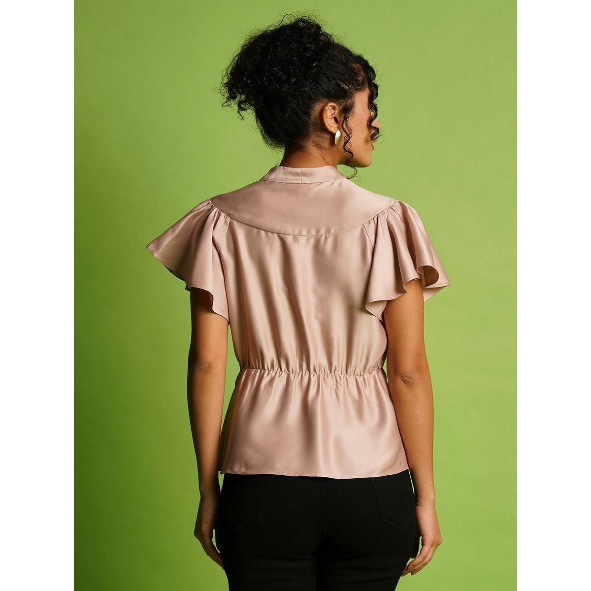 Globus Solid Satin V-Neck Flutter Sleeve Peplum Top-women-clothing-shirtsandblouses-blouses-image-3
