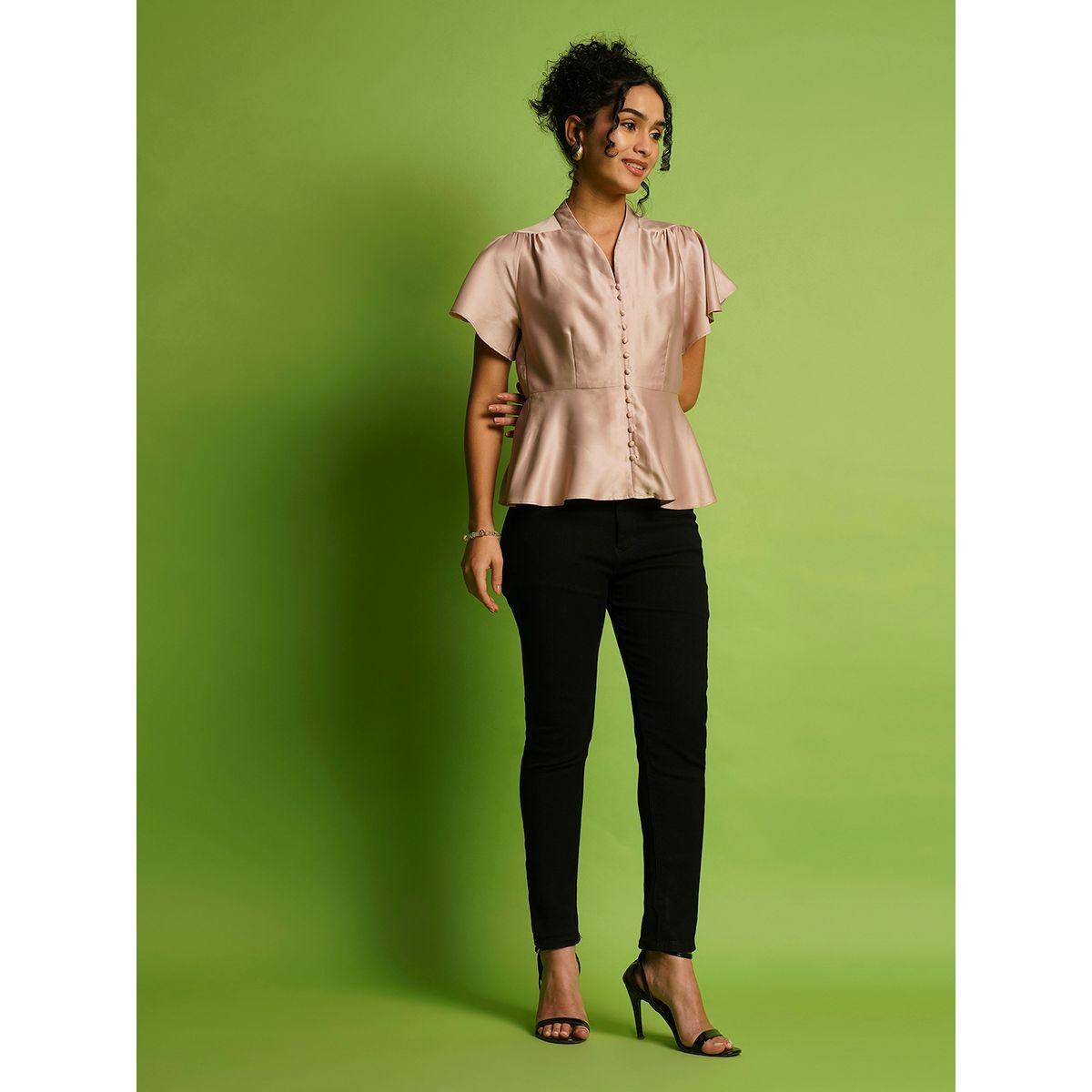 Globus Solid Satin V-Neck Flutter Sleeve Peplum Top-women-clothing-shirtsandblouses-blouses-image-5