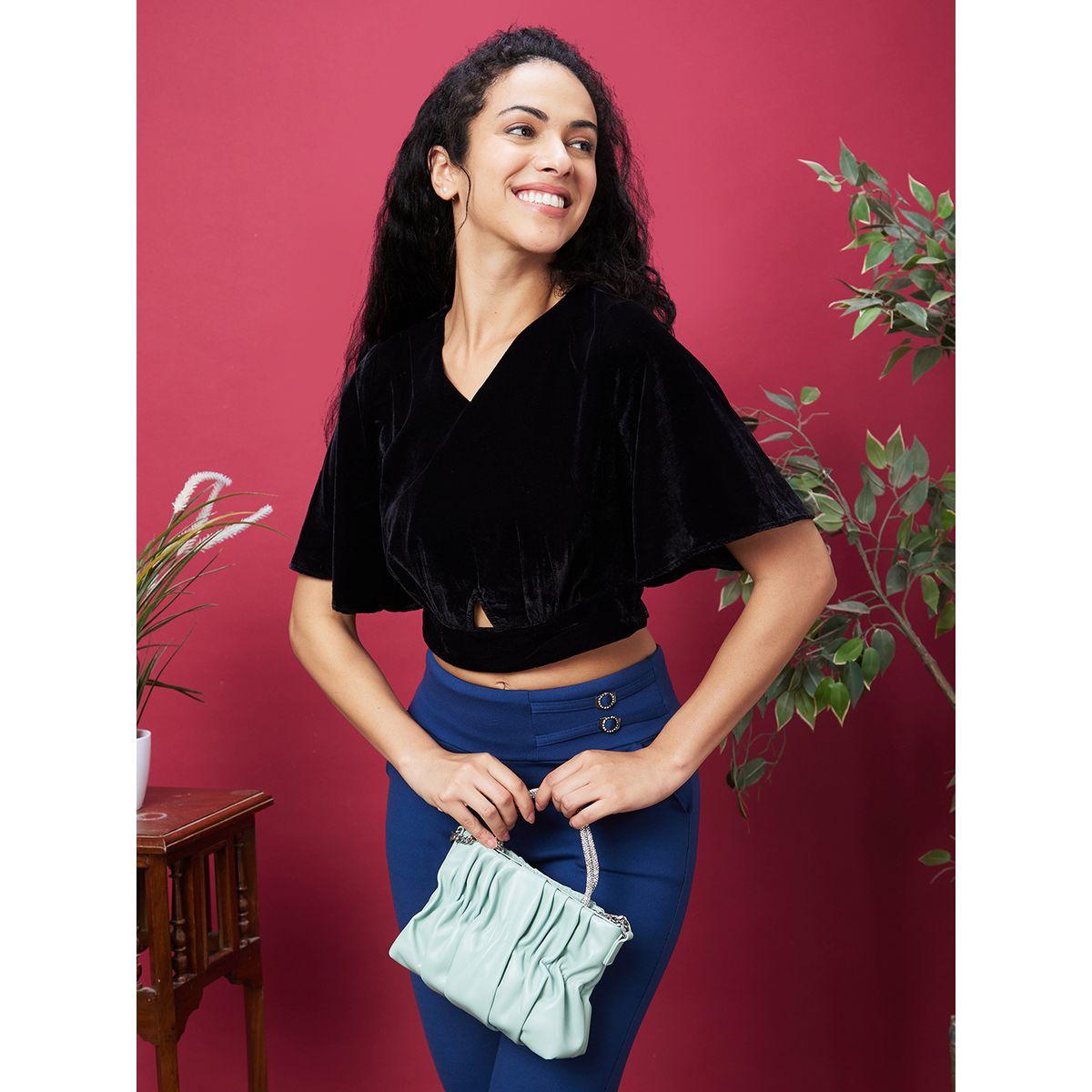 Globus Solid V-Neck Flared Sleeves Velvet Crop Top-women-clothing-tshirts-image-1