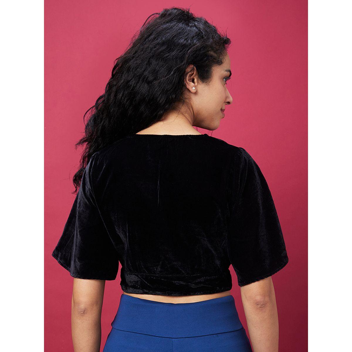 Globus Solid V-Neck Flared Sleeves Velvet Crop Top-women-clothing-tshirts-image-3