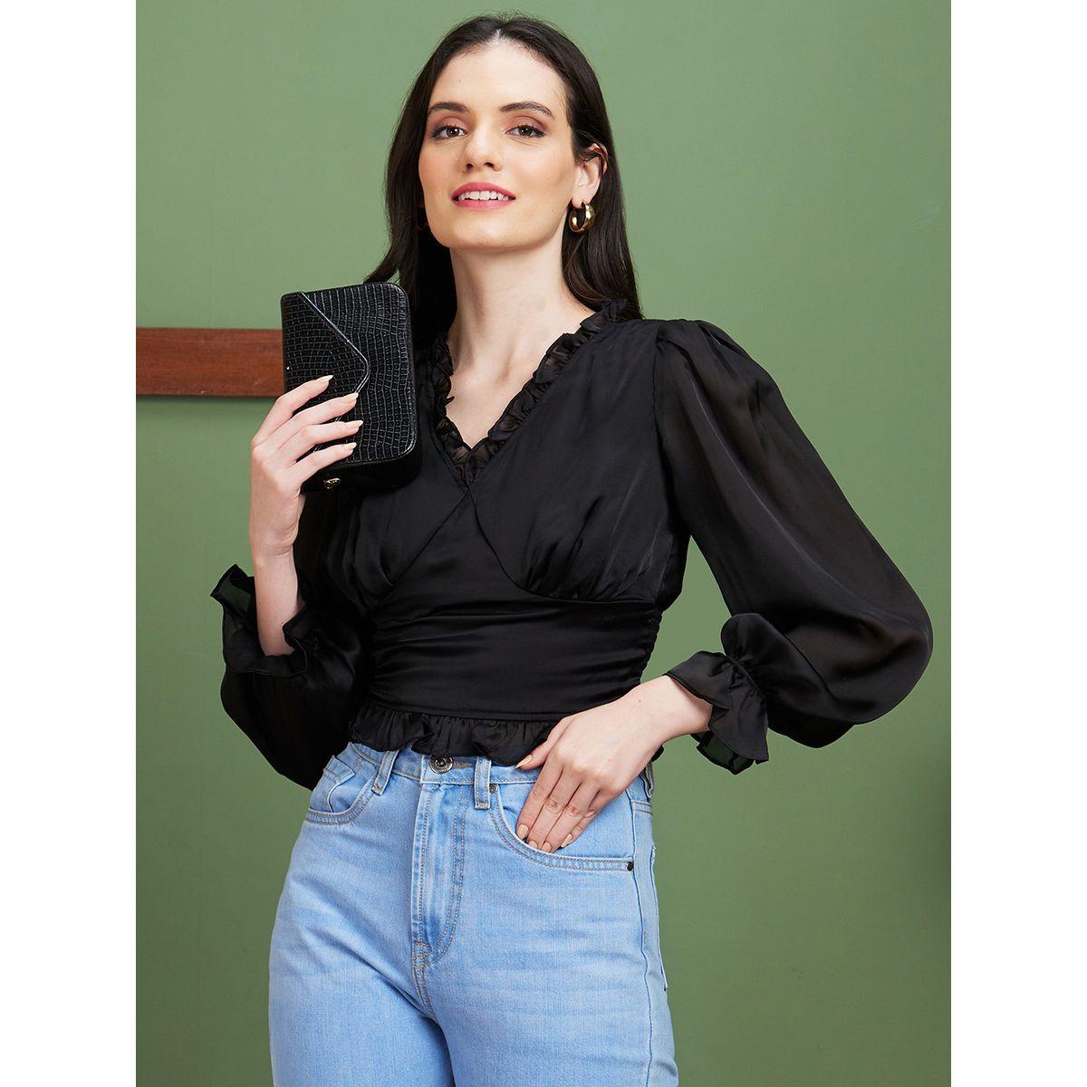 بلوزة قصيرة سادة بتفاصيل كشكش-women-clothing-tshirts-image-1