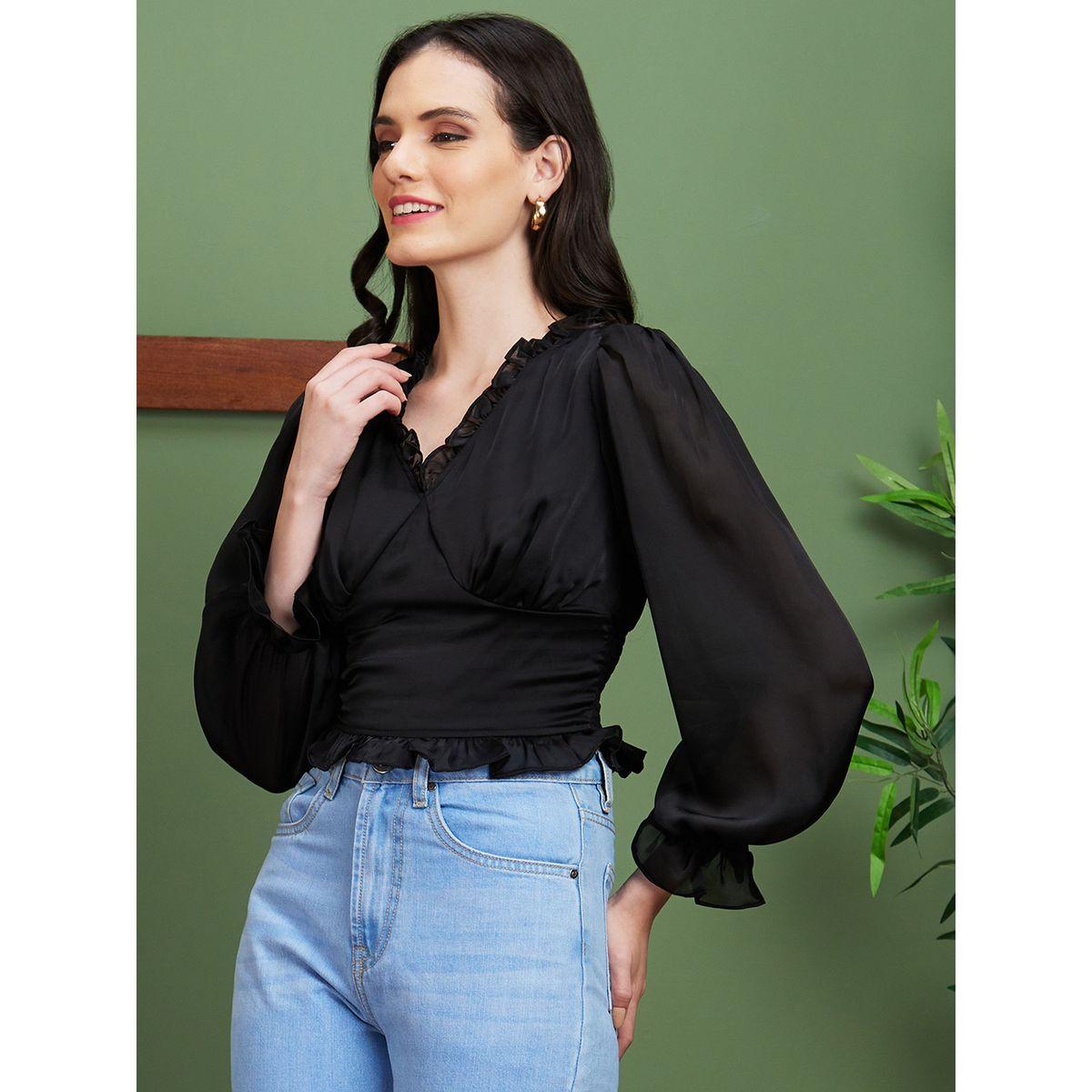 بلوزة قصيرة سادة بتفاصيل كشكش-women-clothing-tshirts-image-2