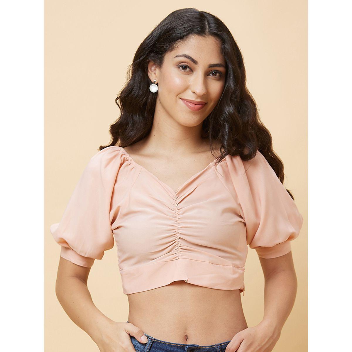 Globus Women Peach Solid Ruched V Neck Crop Top-women-clothing-shirtsandblouses-blouses-image-2
