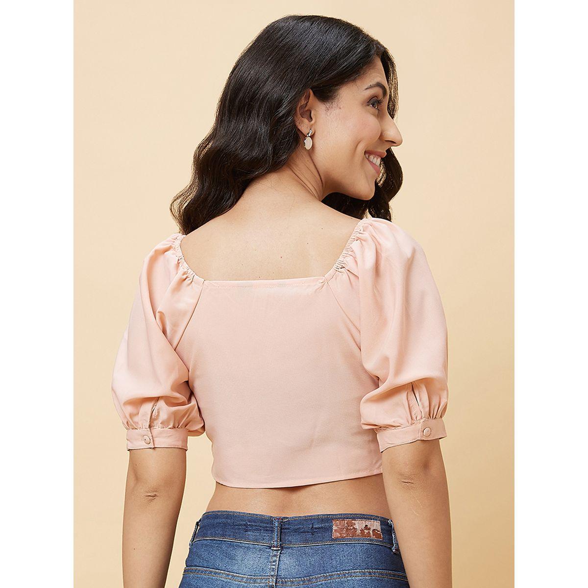 Globus Women Peach Solid Ruched V Neck Crop Top-women-clothing-shirtsandblouses-blouses-image-4