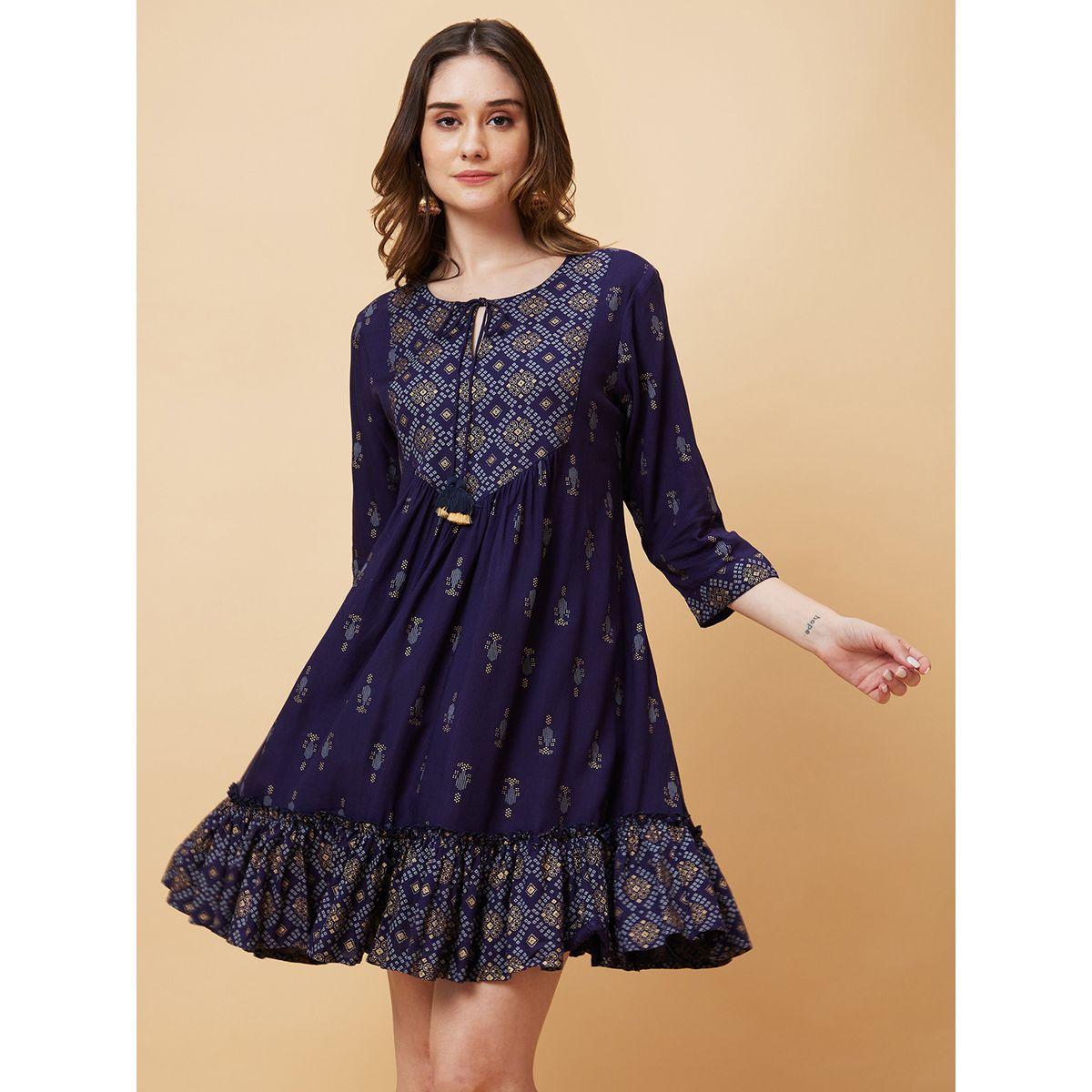 Globus Women Blue Printed Tie-Up Neck A-Line Mini Dress-women-clothing-ethnicwear-dresses-image-2
