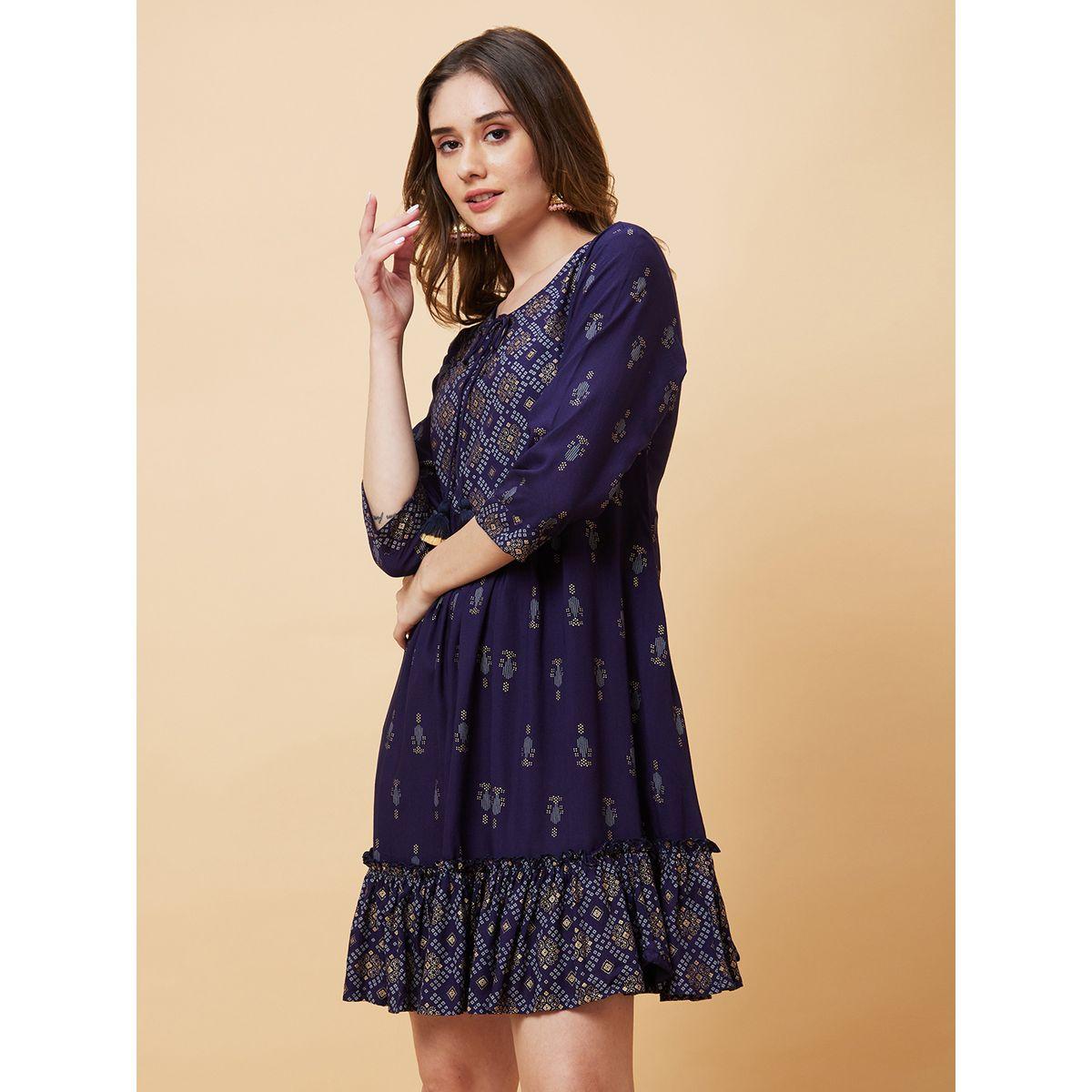Globus Women Blue Printed Tie-Up Neck A-Line Mini Dress-women-clothing-ethnicwear-dresses-image-3