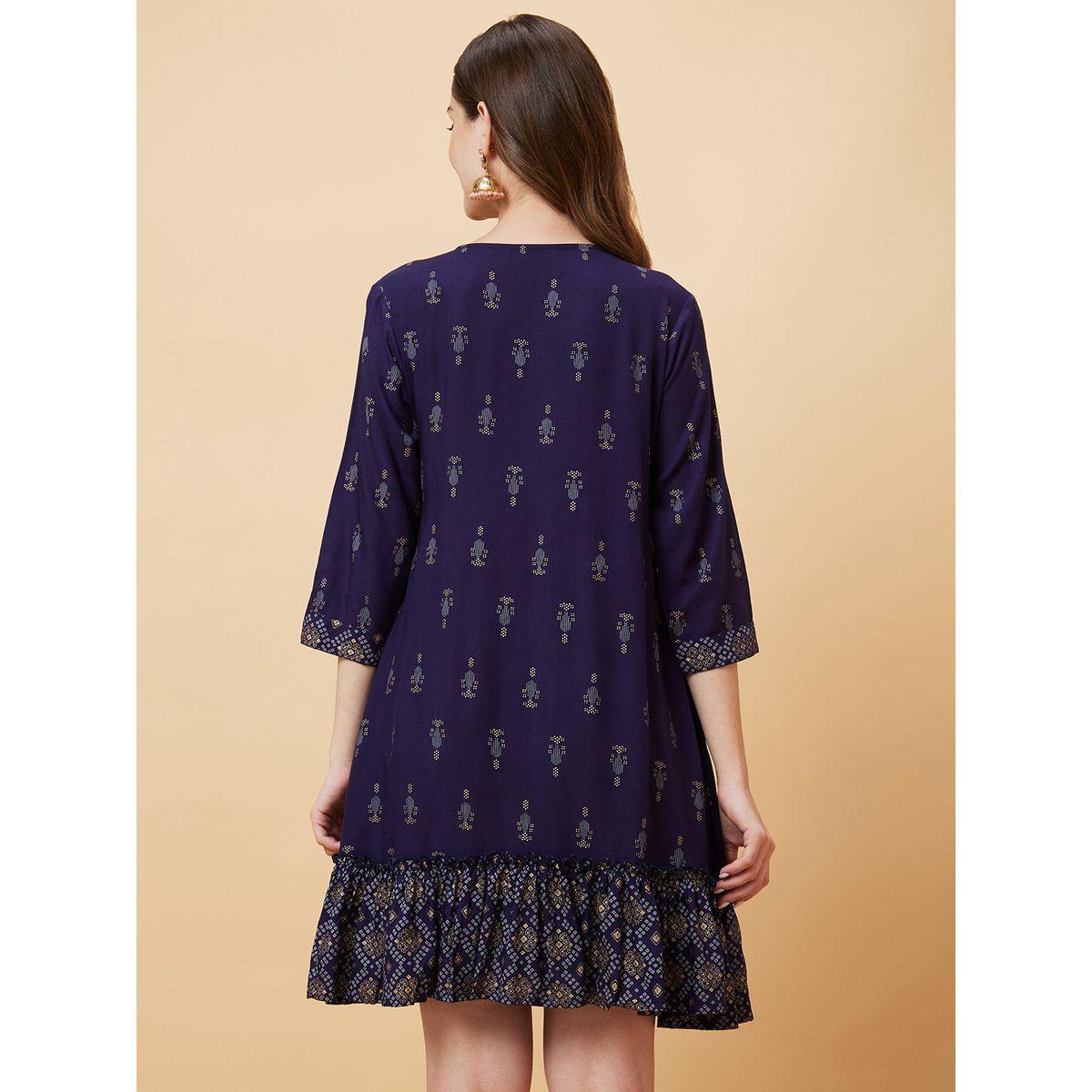 Globus Women Blue Printed Tie-Up Neck A-Line Mini Dress-women-clothing-ethnicwear-dresses-image-4