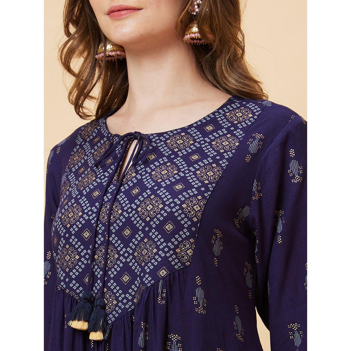 Globus Women Blue Printed Tie-Up Neck A-Line Mini Dress-women-clothing-ethnicwear-dresses-image-5
