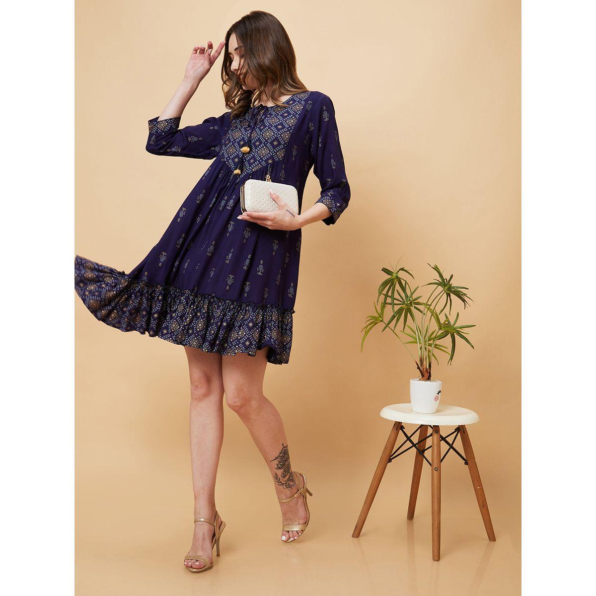 Globus Women Blue Printed Tie-Up Neck A-Line Mini Dress-women-clothing-ethnicwear-dresses-image-6