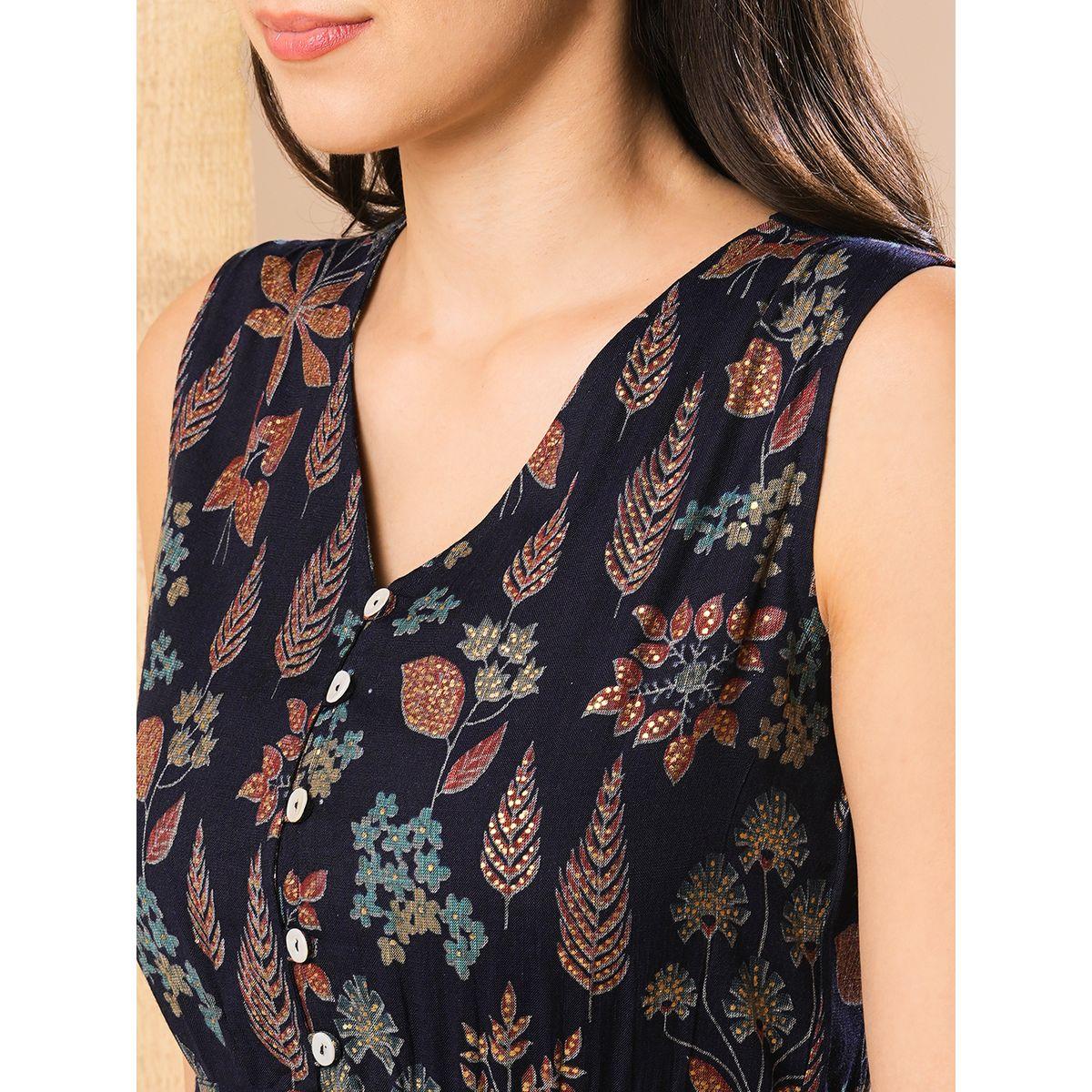 فستان ميدي بلا أكمام بطبعة موتيف مع كسرات-women-clothing-ethnicwear-dresses-image-4