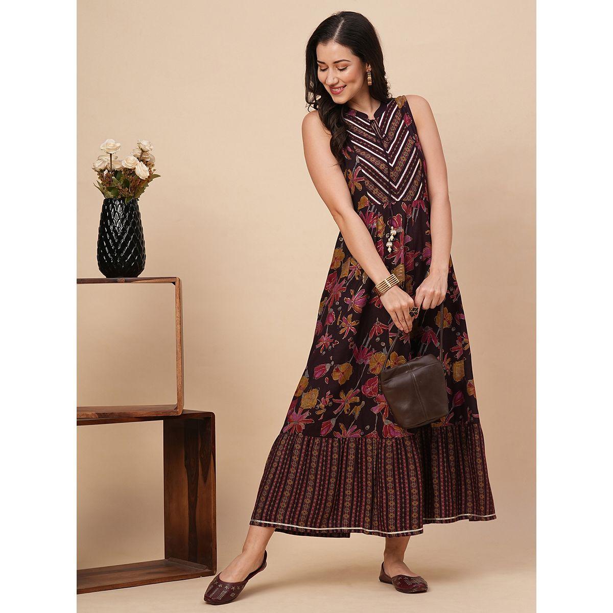 Globus Women Floral Printed Mandarin Collar A-Line Maxi Dress with Lace Detail-women-clothing-ethnicwear-dresses-image-1