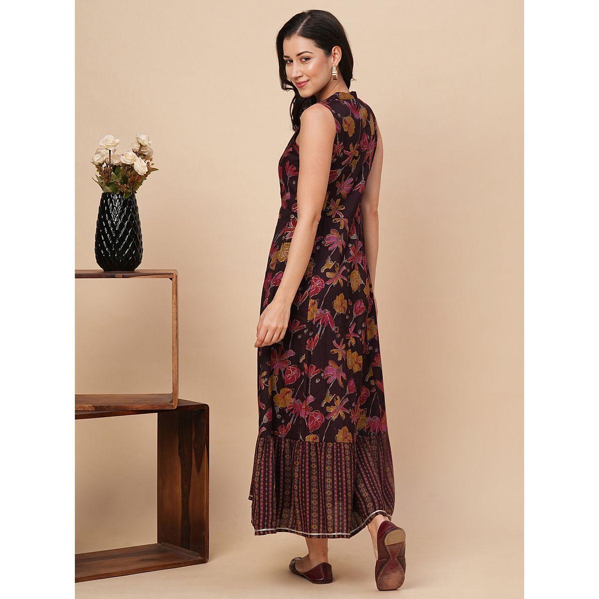 Globus Women Floral Printed Mandarin Collar A-Line Maxi Dress with Lace Detail-women-clothing-ethnicwear-dresses-image-3
