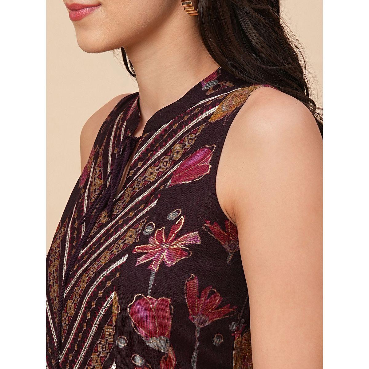 فستان طويل مطبع بزهور مع ياقة ماندارين ودانتيل-women-clothing-ethnicwear-dresses-image-4