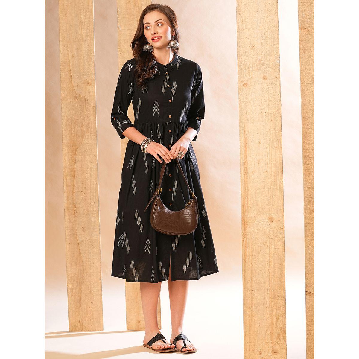 فستان ميدي مطبع مع حافة واسعة-women-clothing-ethnicwear-dresses-image-1