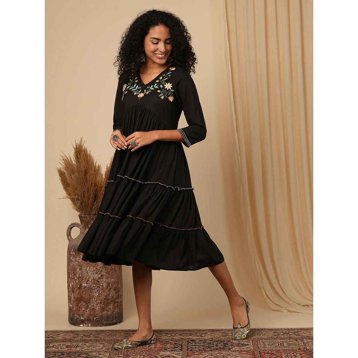 Globus Women Black Embroidered V Neck Tiered Midi Dress-women-clothing-ethnicwear-dresses-image-1