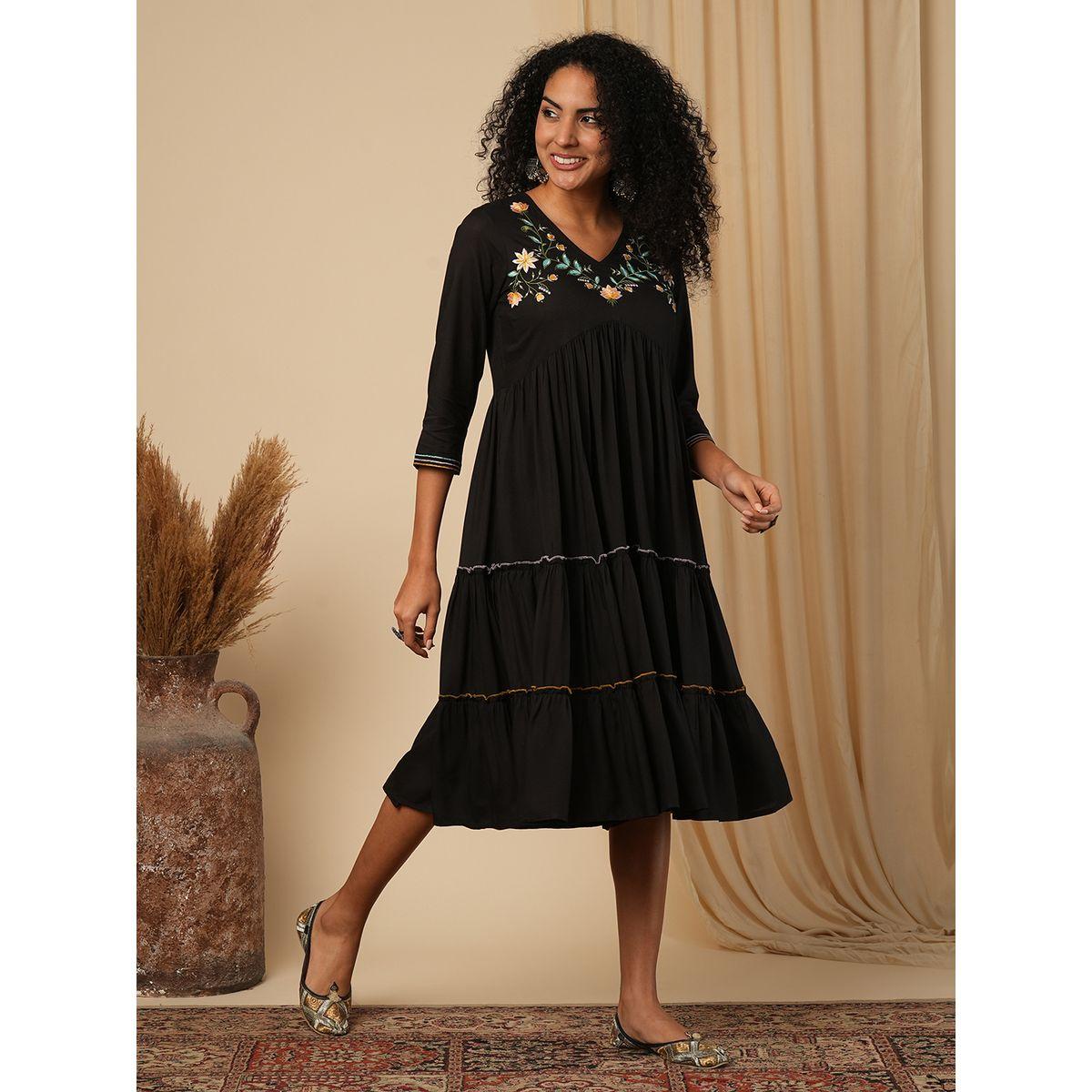 Globus Women Black Embroidered V Neck Tiered Midi Dress-women-clothing-ethnicwear-dresses-image-2