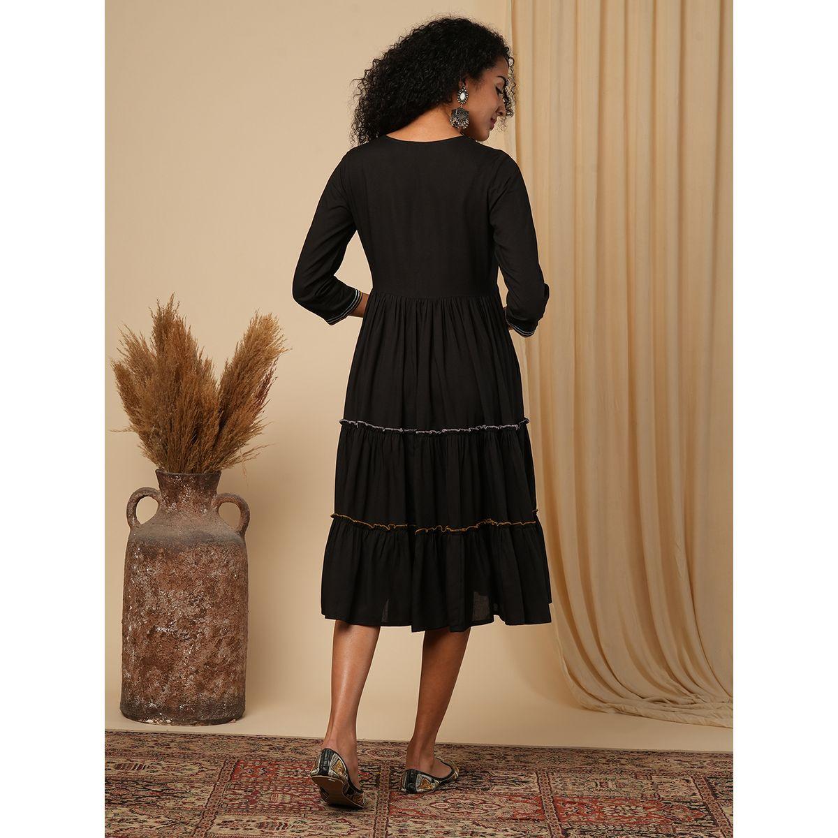 Globus Women Black Embroidered V Neck Tiered Midi Dress-women-clothing-ethnicwear-dresses-image-3