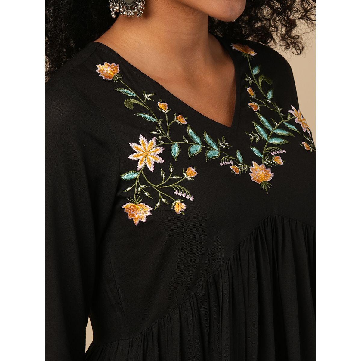 Globus Women Black Embroidered V Neck Tiered Midi Dress-women-clothing-ethnicwear-dresses-image-4
