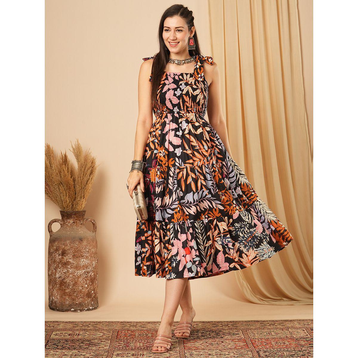 فستان ميدي مطبع مع أكمام بأربطة وكسرات-women-clothing-ethnicwear-dresses-image-1