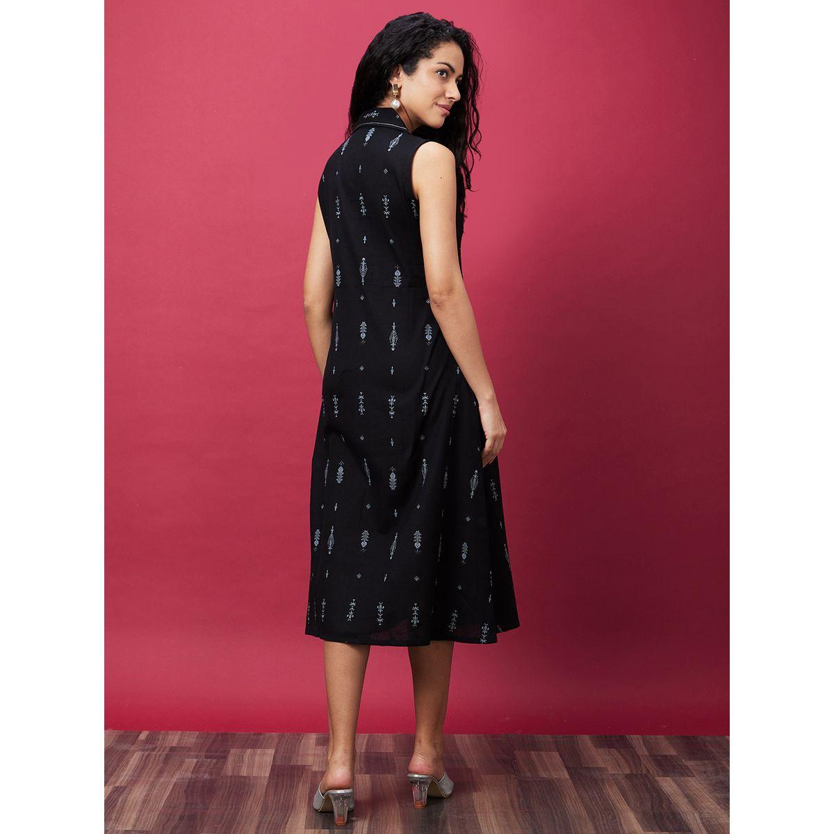 Globus Women Black Printed Collared A-Line Midi Dress-women-clothing-ethnicwear-dresses-image-3