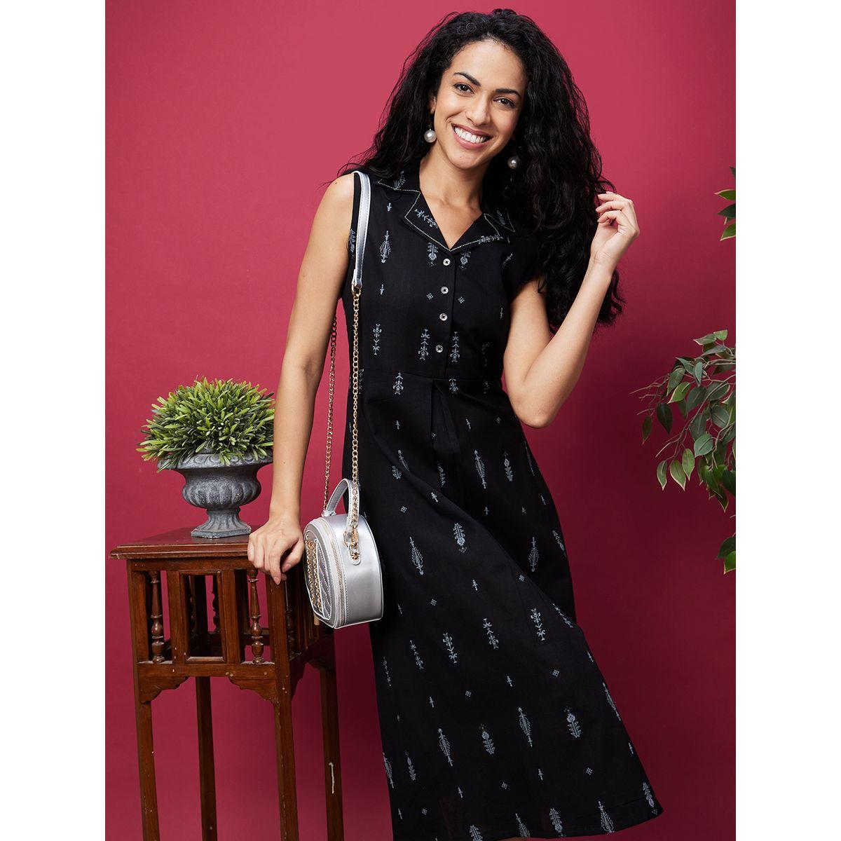 Globus Women Black Printed Collared A-Line Midi Dress-women-clothing-ethnicwear-dresses-image-5