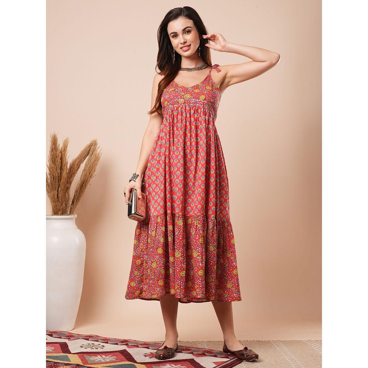 Globus Women Red Floral Printed Tie Sleeves A-Line Midi Dress-women-clothing-ethnicwear-dresses-image-1