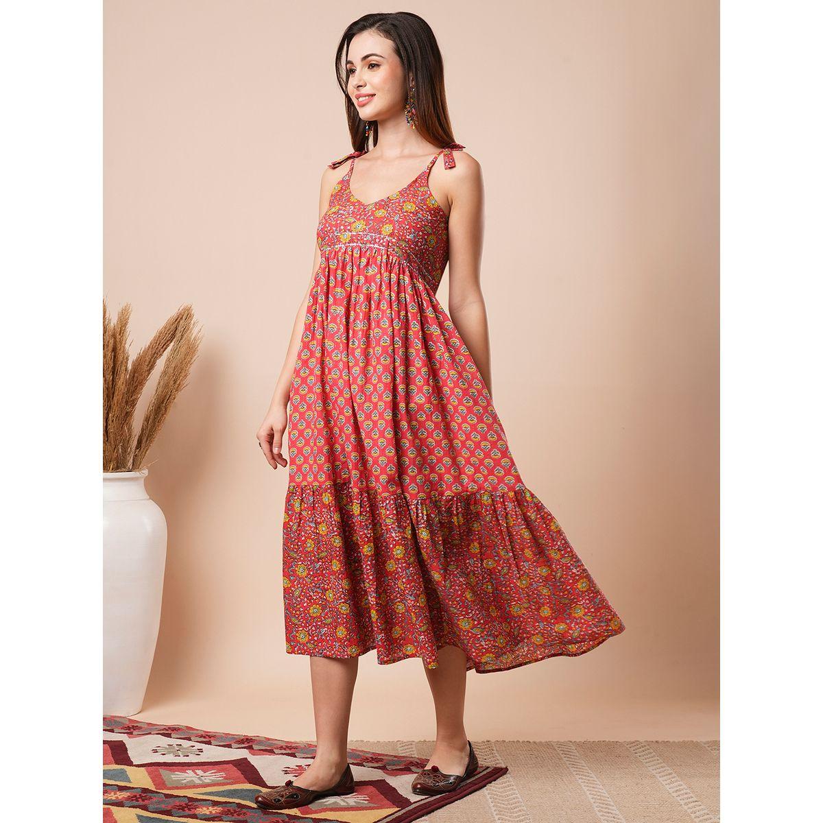 Globus Women Red Floral Printed Tie Sleeves A-Line Midi Dress-women-clothing-ethnicwear-dresses-image-2