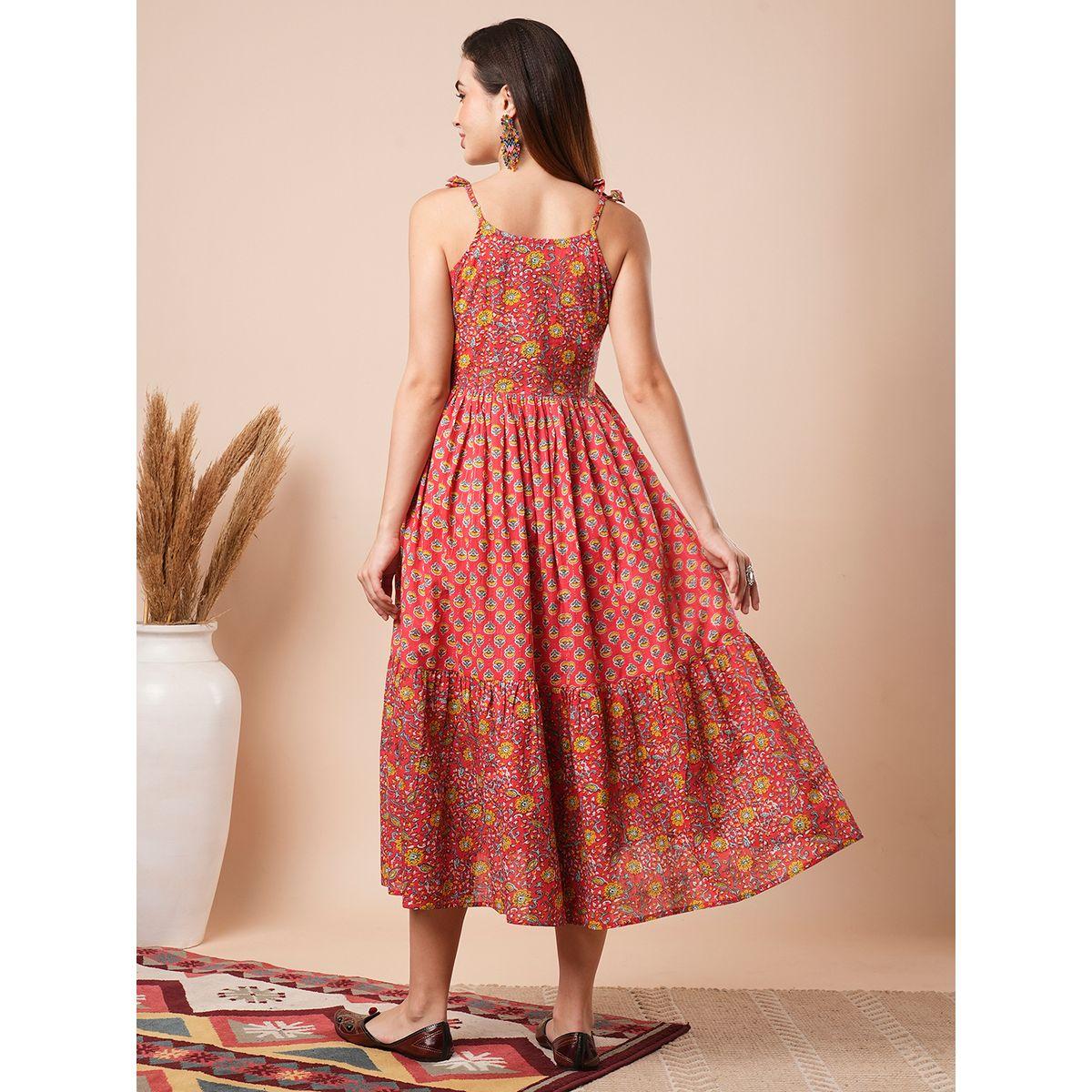 فستان ميدي بطبعة زهور مع أكمام بأربطة-women-clothing-ethnicwear-dresses-image-3