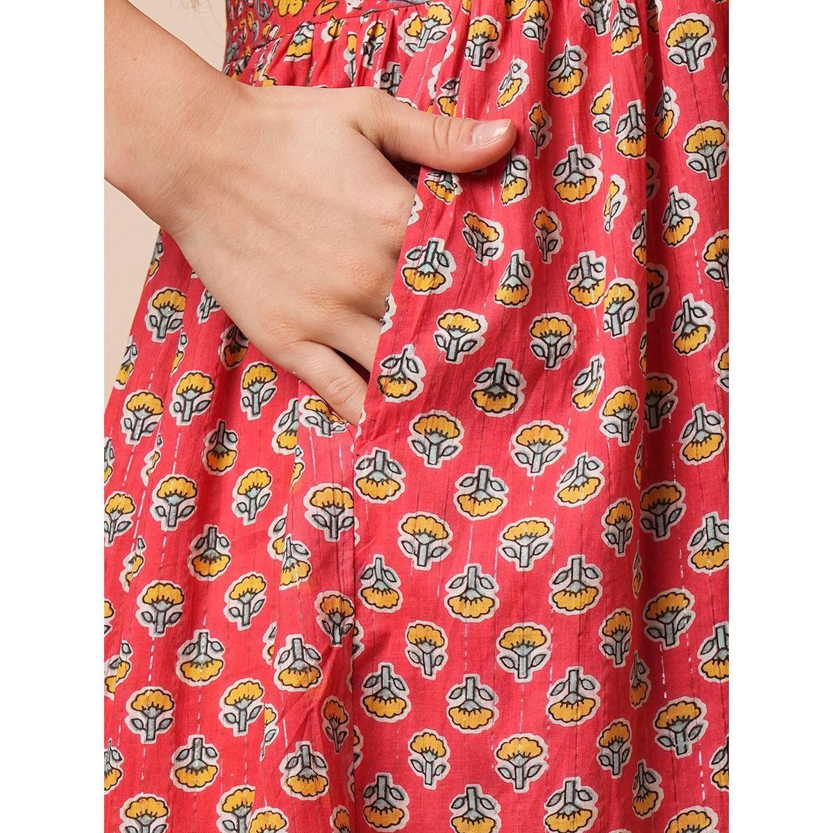 Globus Women Red Floral Printed Tie Sleeves A-Line Midi Dress-women-clothing-ethnicwear-dresses-image-5