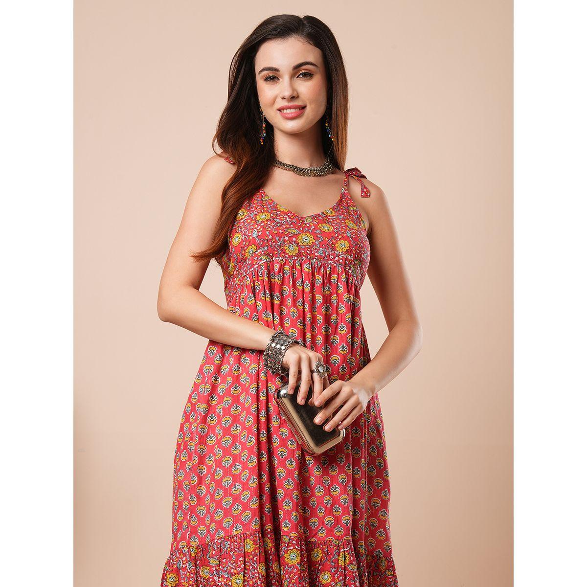 Globus Women Red Floral Printed Tie Sleeves A-Line Midi Dress-women-clothing-ethnicwear-dresses-image-6
