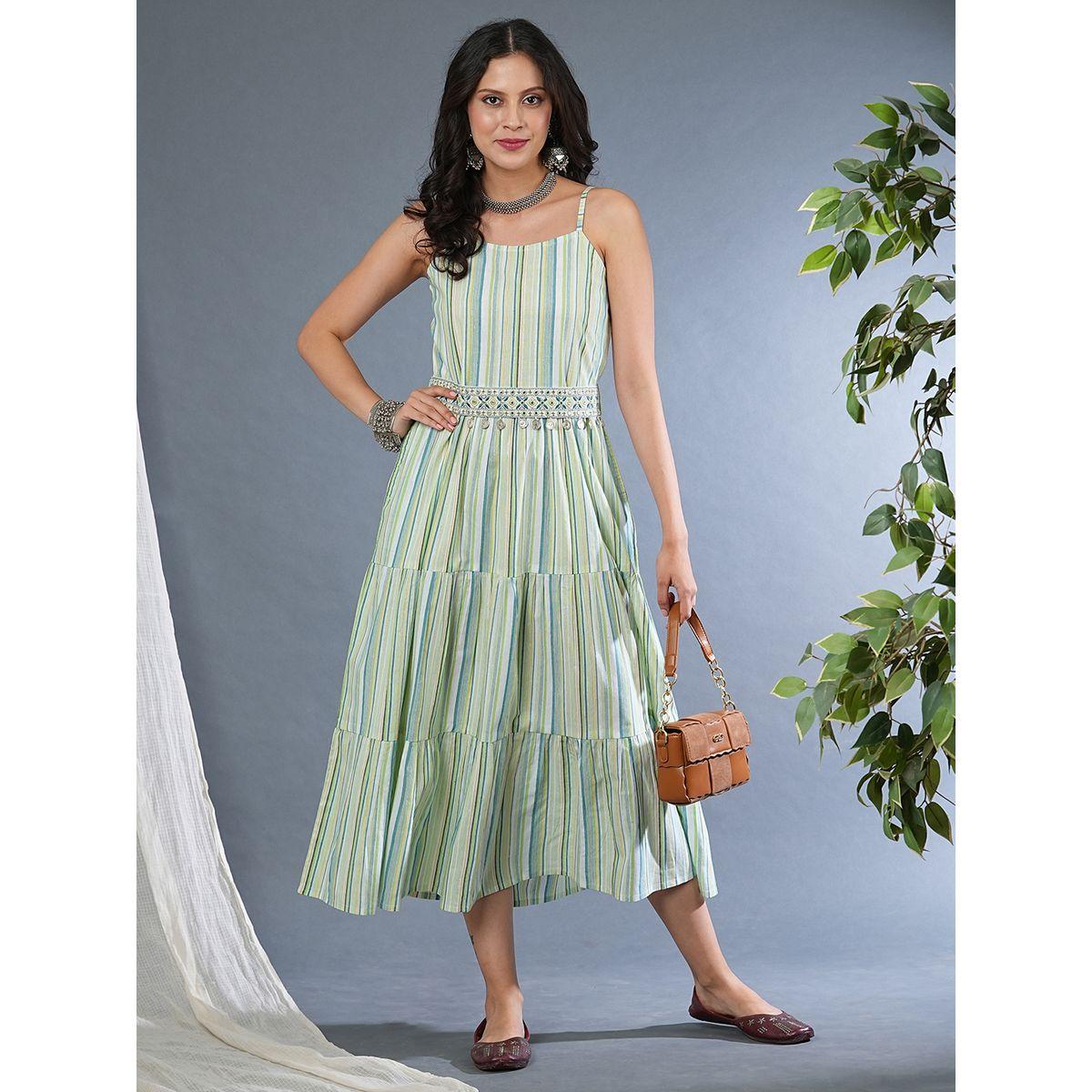 فستان ميدي مخطط بأربطة مع حزام مُطرّز-women-clothing-ethnicwear-dresses-image-1