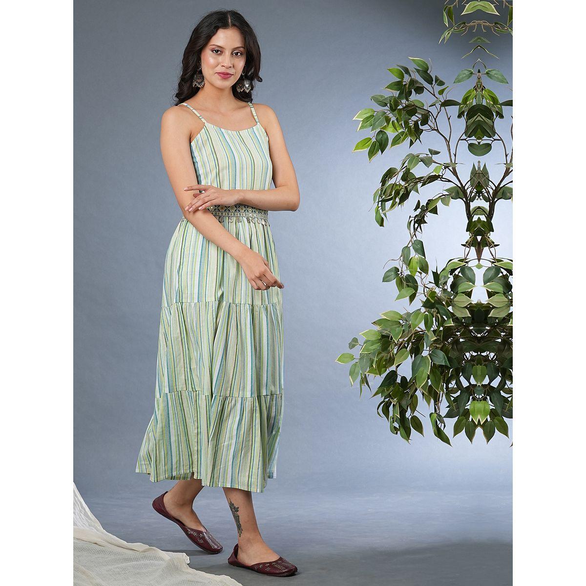 فستان ميدي مخطط بأربطة مع حزام مُطرّز-women-clothing-ethnicwear-dresses-image-2