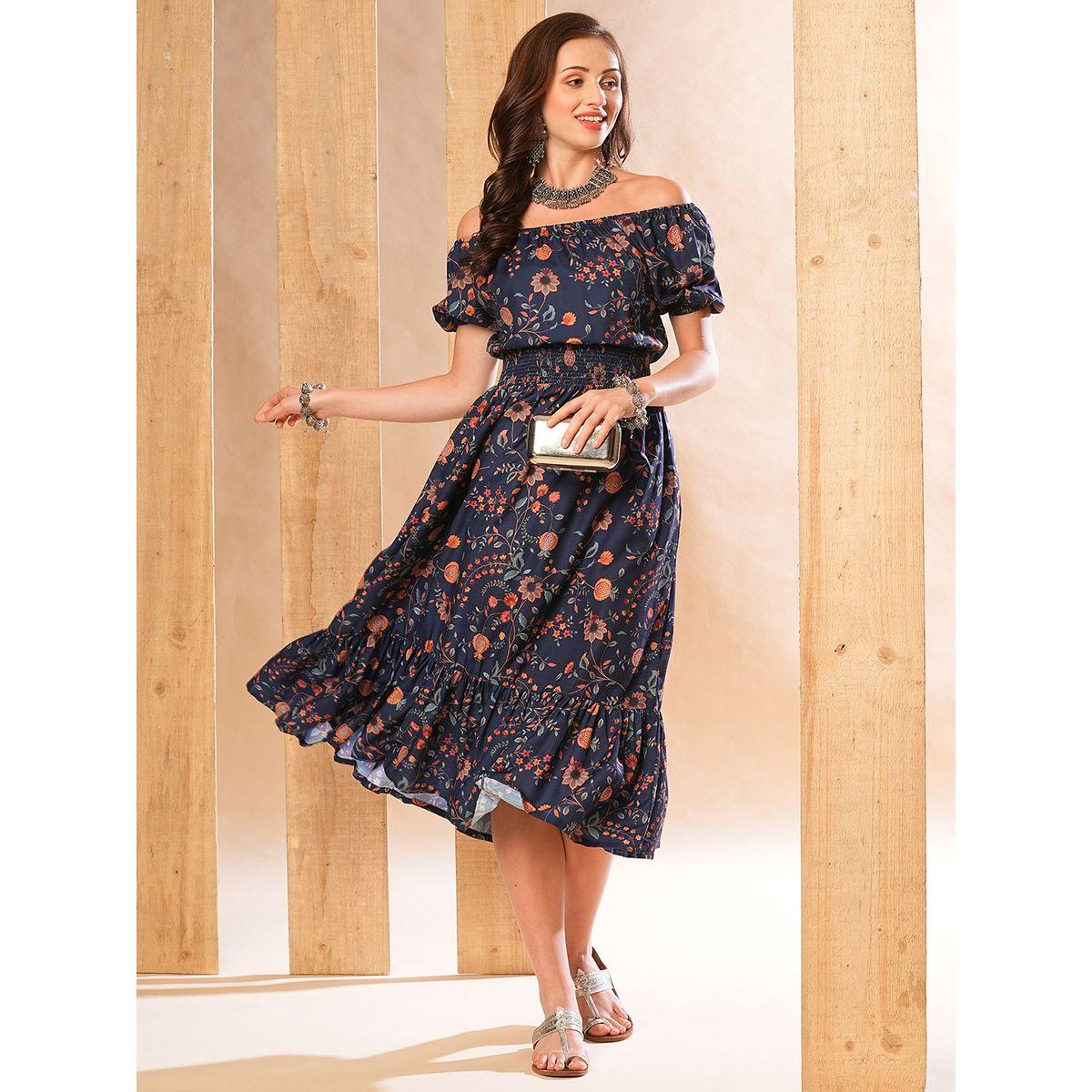 فستان ميدي مطبع بزهور مع حافة واسعة-women-clothing-ethnicwear-dresses-image-1