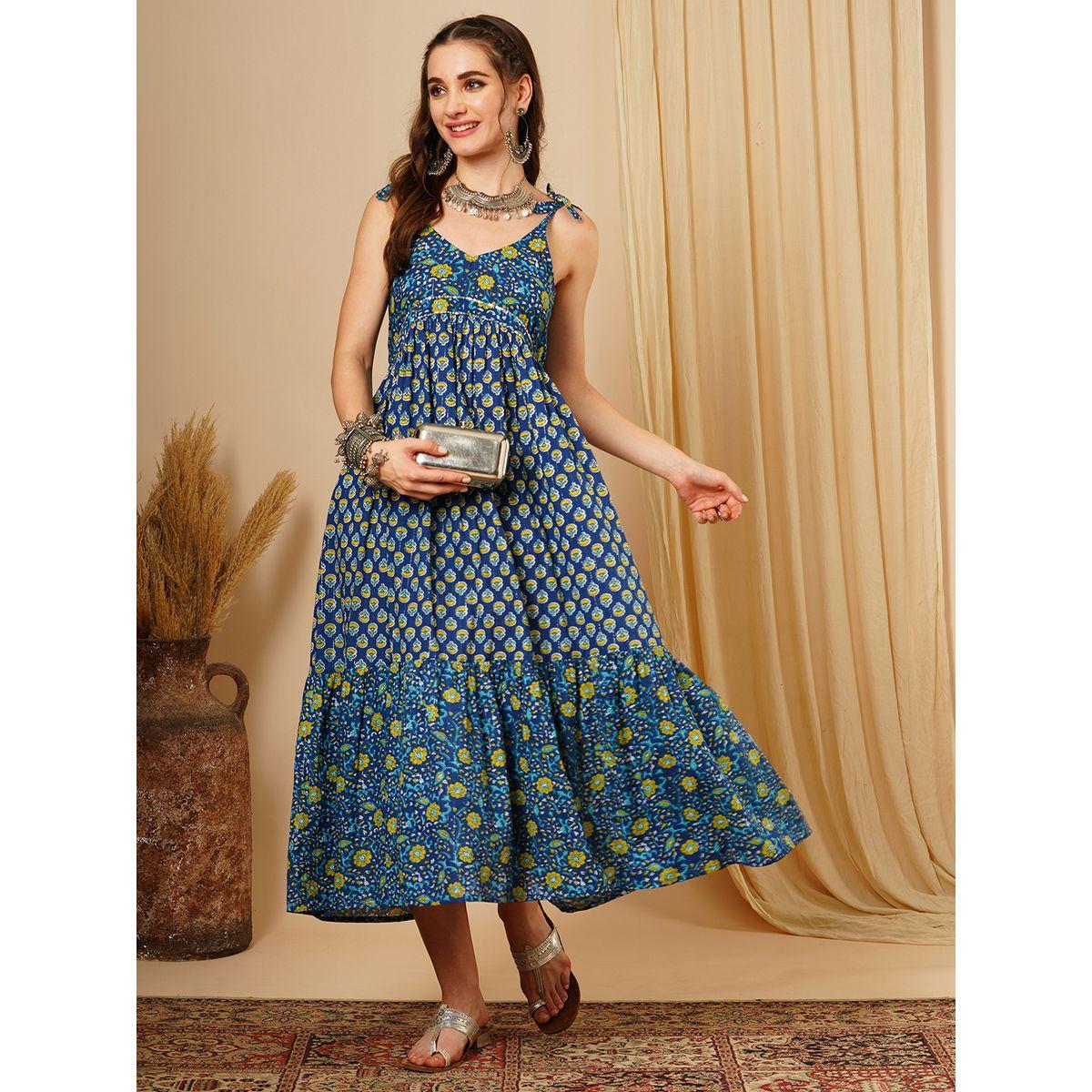 فستان ميدي بطبعة زهور مع أكمام بأربطة-women-clothing-ethnicwear-dresses-image-1