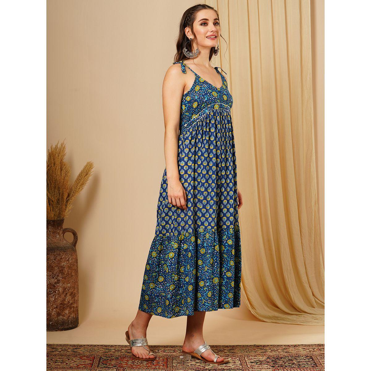 فستان ميدي بطبعة زهور مع أكمام بأربطة-women-clothing-ethnicwear-dresses-image-2