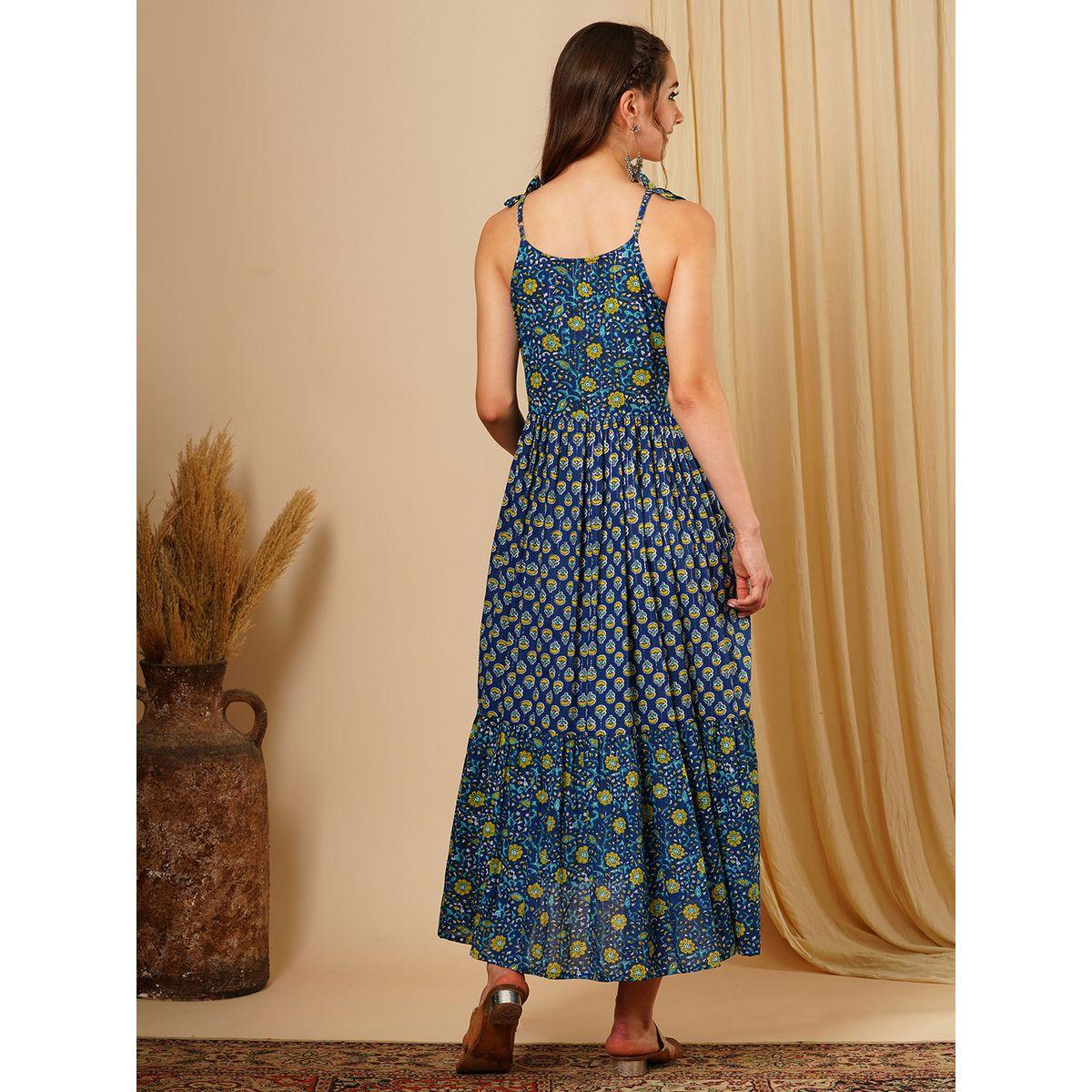 فستان ميدي بطبعة زهور مع أكمام بأربطة-women-clothing-ethnicwear-dresses-image-3