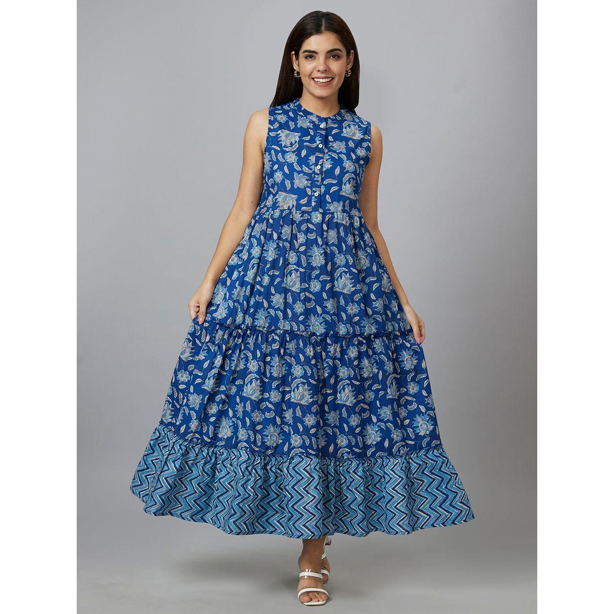 فستان طويل بلا أكمام مطبع بزهور مع كسرات-women-clothing-ethnicwear-dresses-image-1