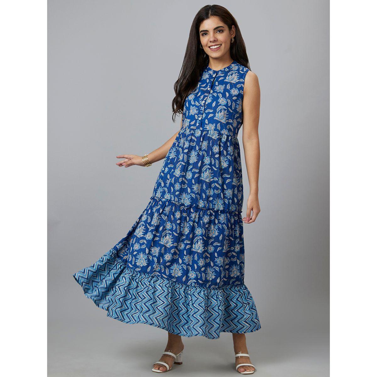 Globus Women Blue Floral Printed Sleeveless Tiered Maxi Dress-women-clothing-ethnicwear-dresses-image-2