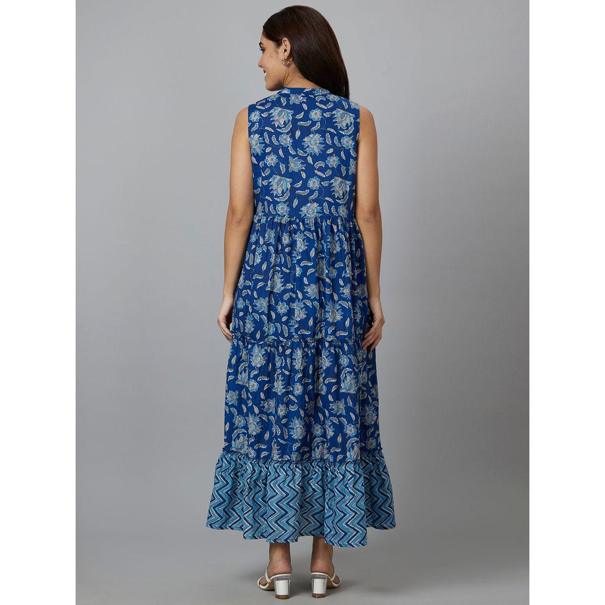Globus Women Blue Floral Printed Sleeveless Tiered Maxi Dress-women-clothing-ethnicwear-dresses-image-3