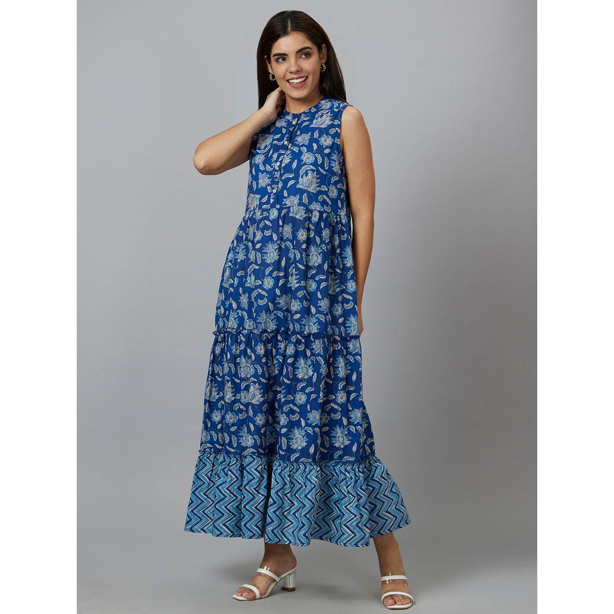 فستان طويل بلا أكمام مطبع بزهور مع كسرات-women-clothing-ethnicwear-dresses-image-4